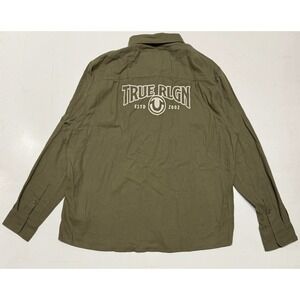 True Religion Mens Olive Green Graphic Back Button Down Flannel 2XL NWT